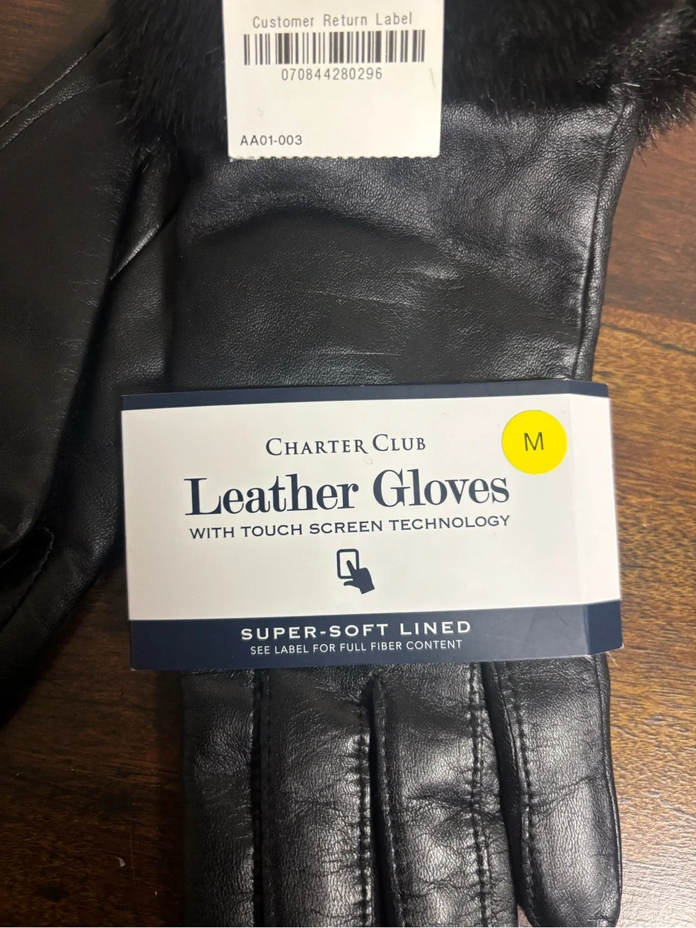 NWT Charter Club Black Leather Touchscreen Gloves Faux Fur Cuff M